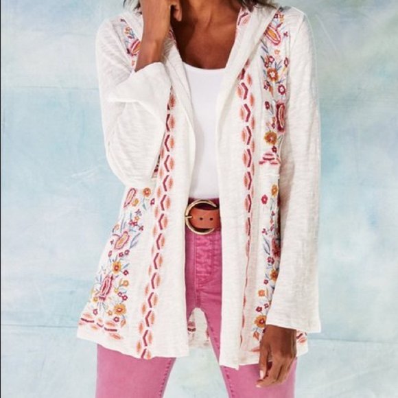 Soft Surroundings Sweaters - Soft Surroundings LARGE Petite Henriette Floral Embroidered Hooded Cardigan Boho